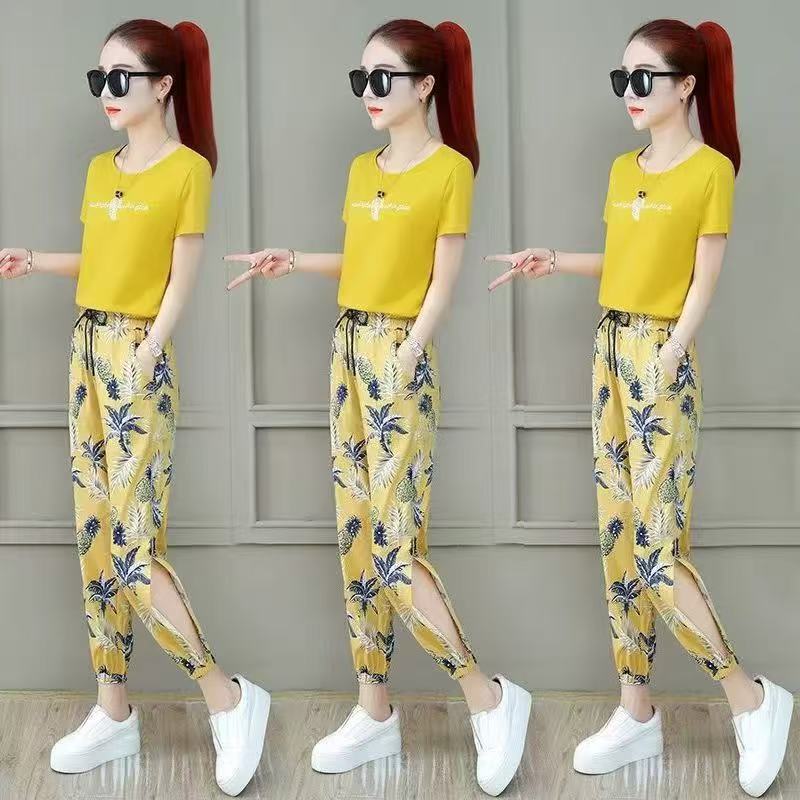 High-quality women's summer fashion pure cotton set: short-sleeved top + trousers