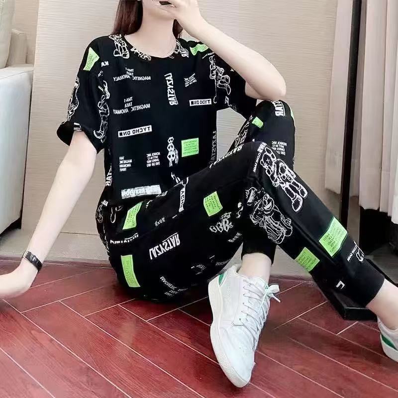 High-quality women's summer fashion pure cotton set: short-sleeved top + trousers 