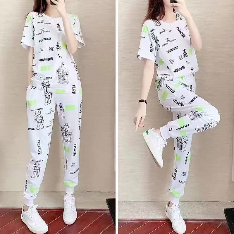 High-quality women's summer fashion pure cotton set: short-sleeved top + trousers