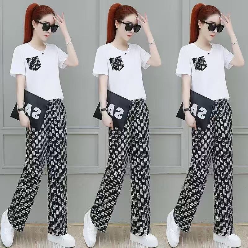 High-quality women's summer fashion pure cotton set: short-sleeved top + trousers