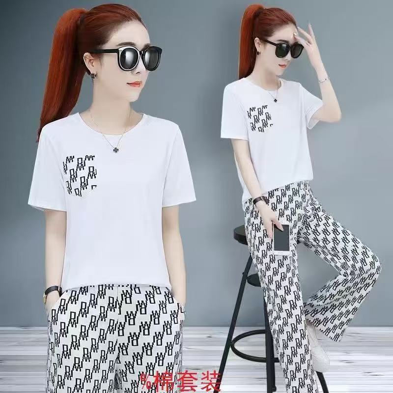 High-quality women's summer fashion pure cotton set: short-sleeved top + trousers