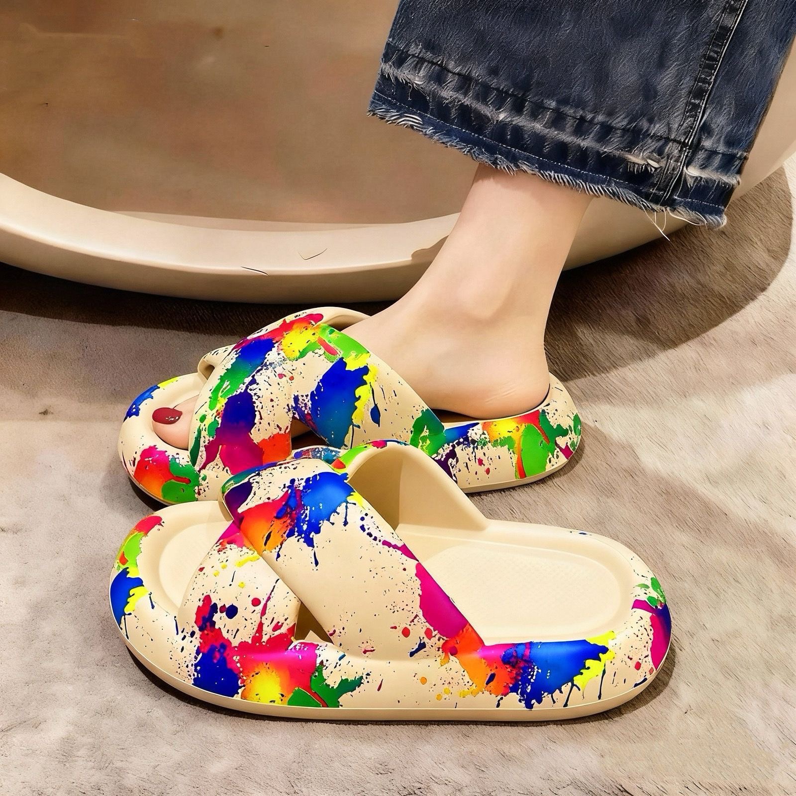 2026 Fashion Graffiti New Cross Slippers, Popular Summer Camouflage Non-Slip Indoor and Beach Home Shoes--89