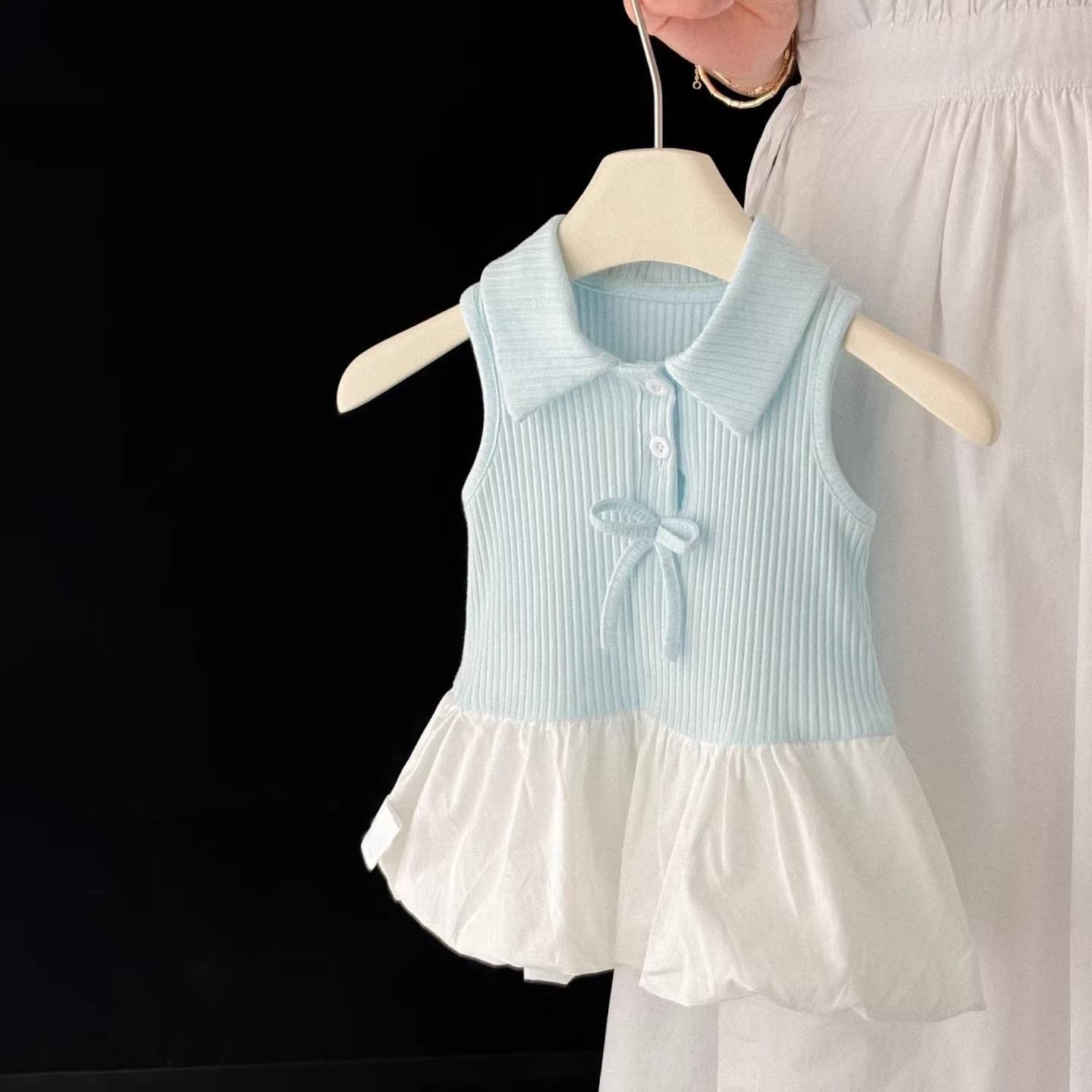 Girls' Summer Outfit 2026 New Girls' Dress with Bud Tank, Polo Collar, and Patchwork Puff Skirt--101