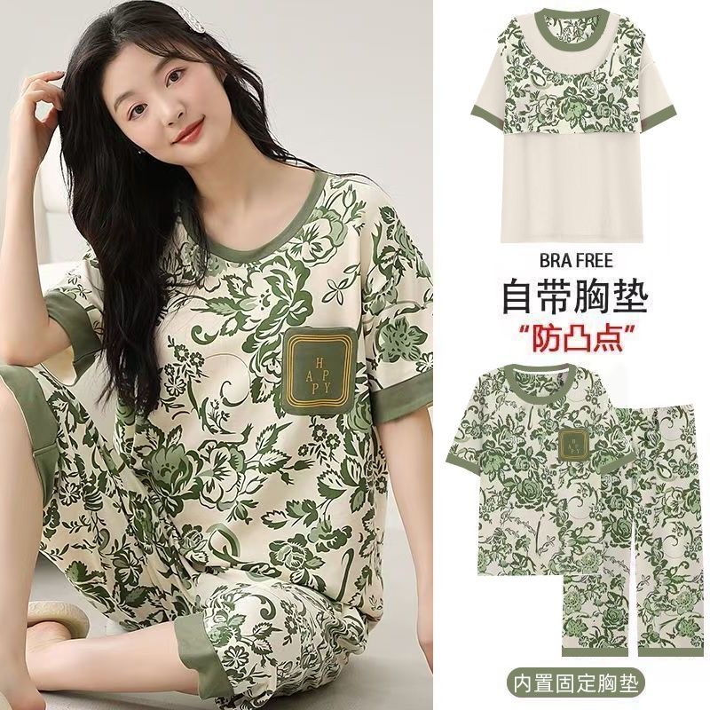 New summer women's pajamas with built-in chest pad, thin one-piece, cartoon short-sleeve and cropped pants, homewear set suitable for going out--103
