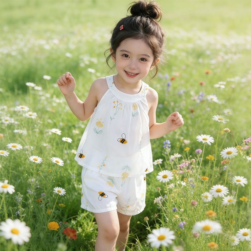 2026 New Girls' Cotton Silk Set with Cartoon Print, No Halter, Two-Piece Children's Summer Home and Outing Wear--104